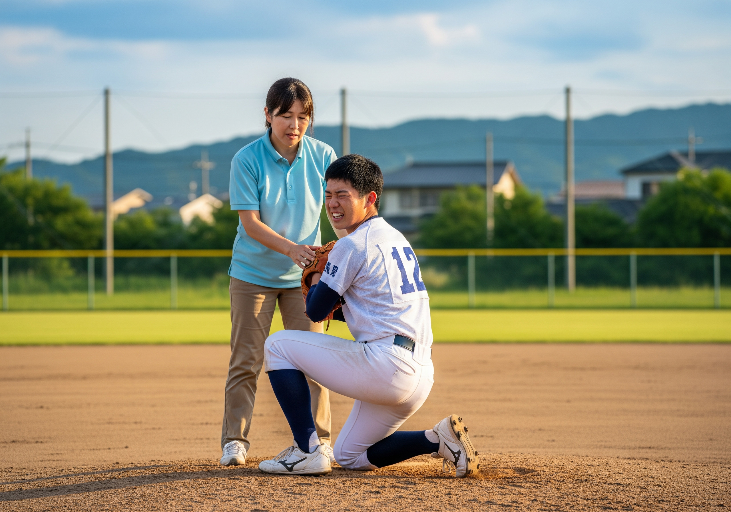 投球動作で肩を痛めた学生アスリートと保護者のイメージ