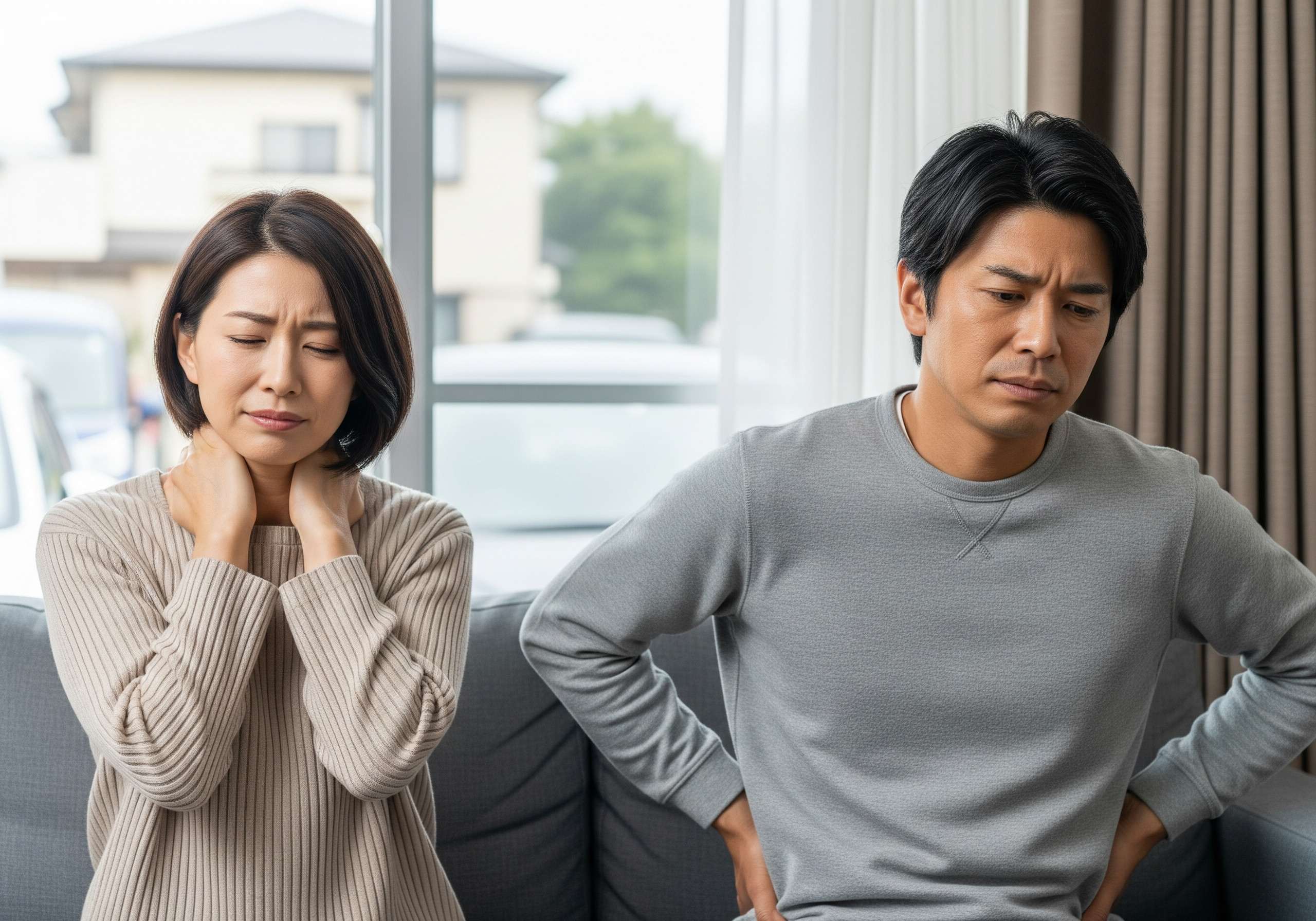 交通事故後の首や腰の痛みに不安を感じる人の様子