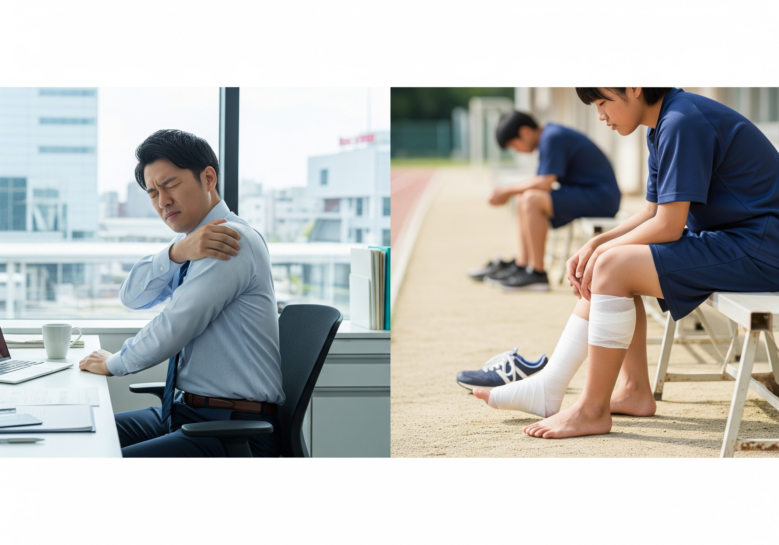 日常の肩こりとスポーツによるケガの違いを示すイメージ