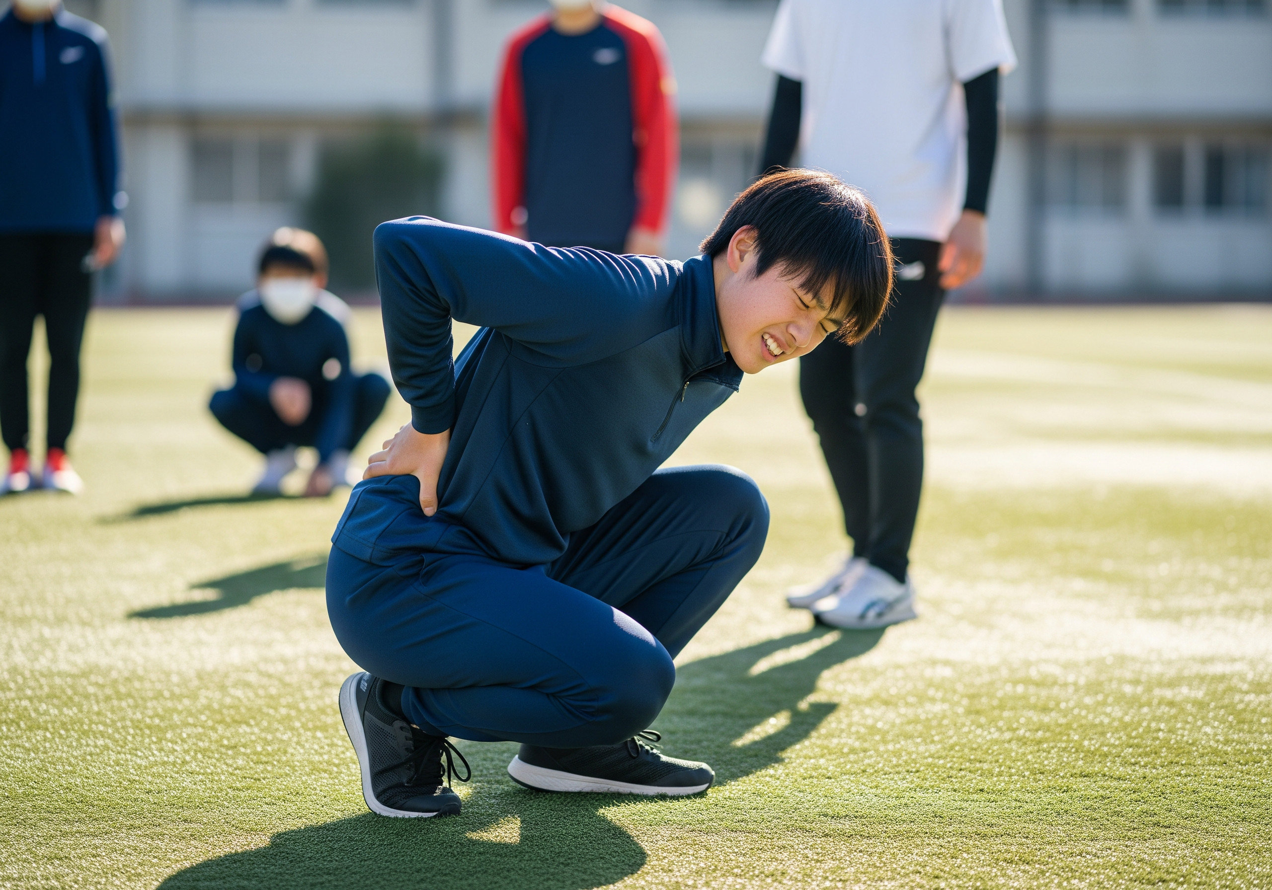 部活動の練習中に腰を押さえてしゃがみ込む学生アスリート