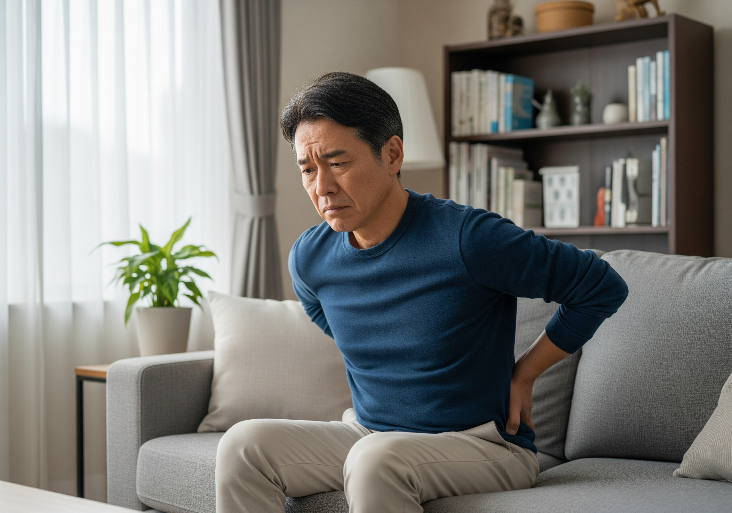 交通事故後に腰の痛みを感じソファで腰を押さえる日本人男性