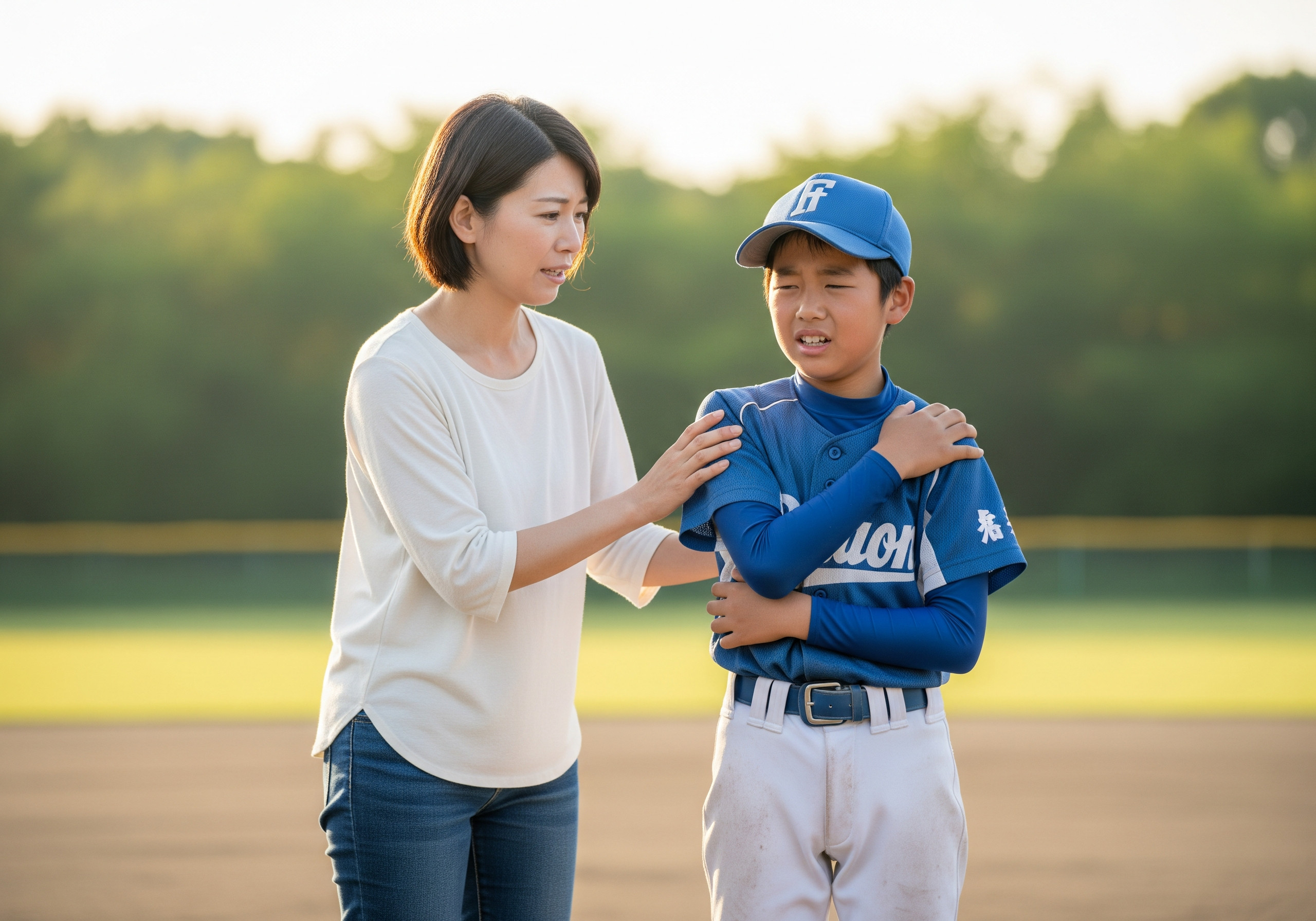投球で肩を痛めた学生アスリートと心配する保護者