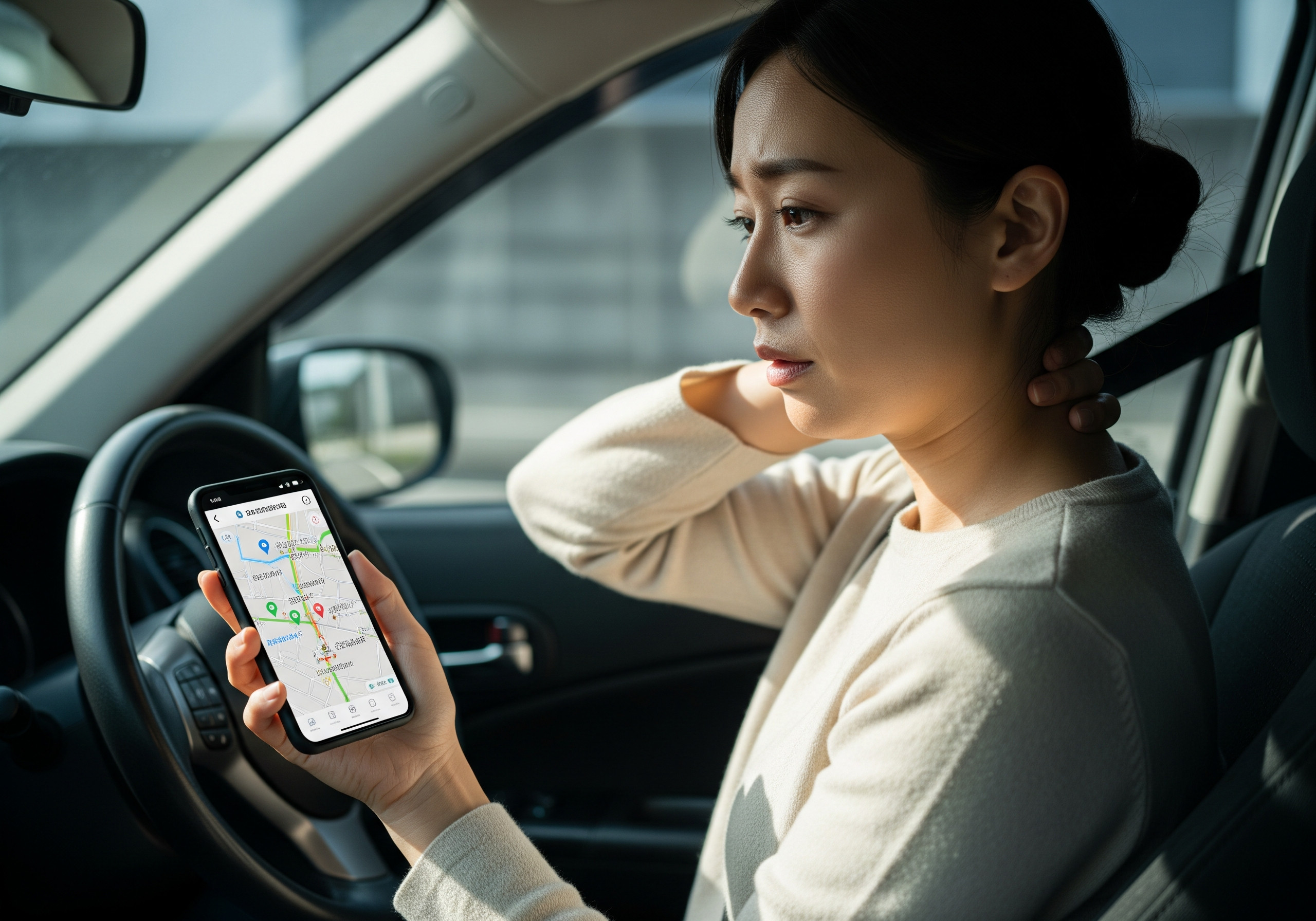 交通事故後に首の違和感を抱えスマホで相談先を探す人