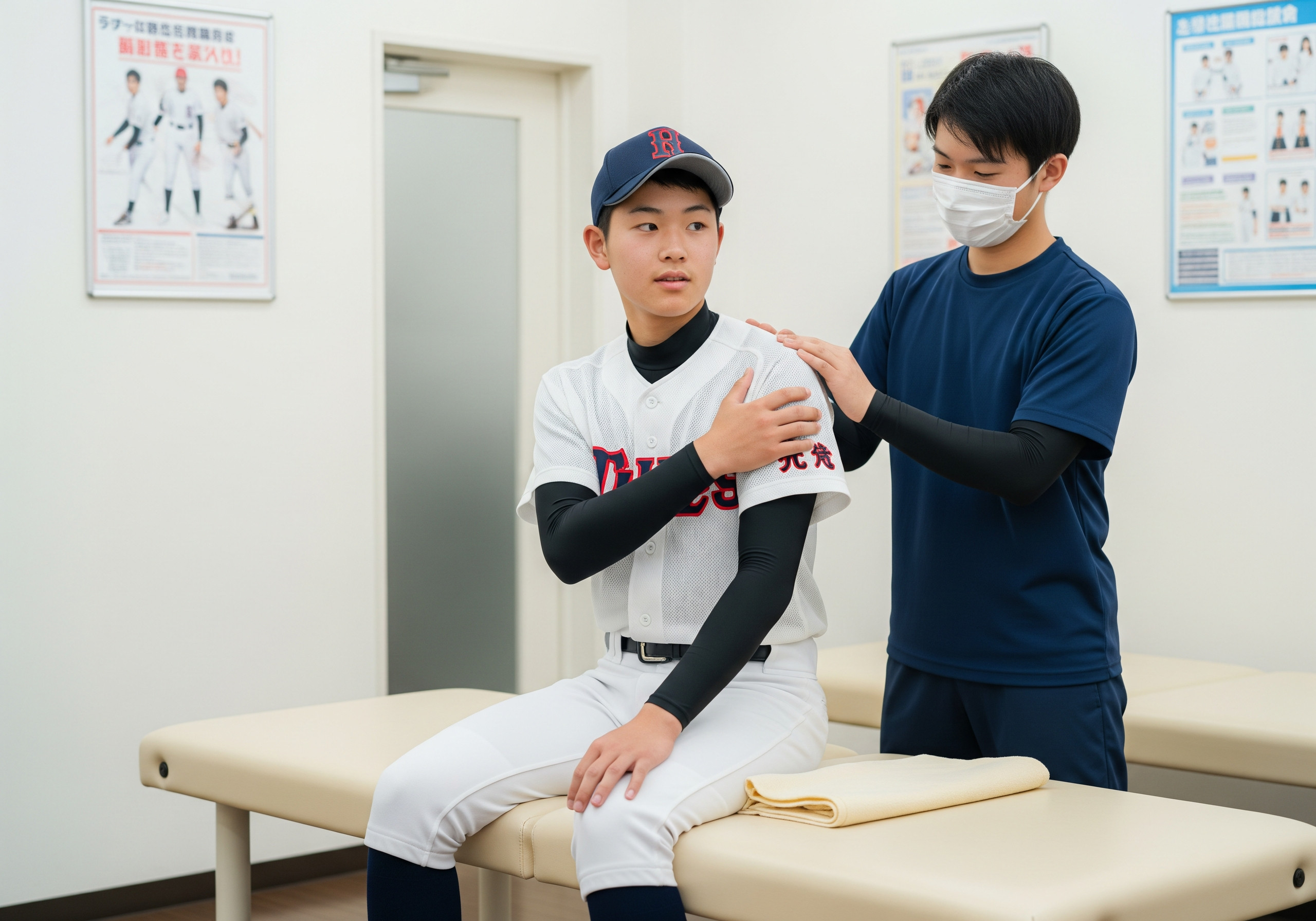 投球障害で肩を気にする学生アスリートと施術風景