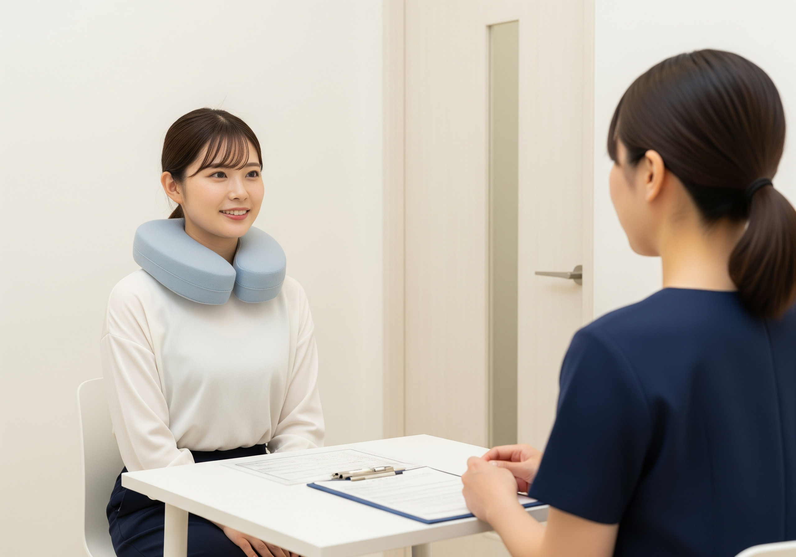 交通事故後の首の不調を接骨院で相談する人の様子